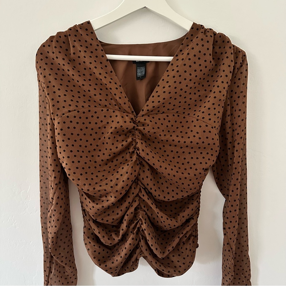 Express Chocolate Brown Ruched Polka Dot Blouse